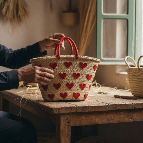 Handwoven Moroccan Straw Basket with Embroidered Hearts – Eco Friendly Straw Tote