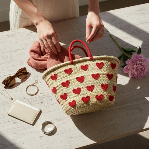 Handwoven Moroccan Straw Basket with Embroidered Hearts – Eco Friendly Straw Tote
