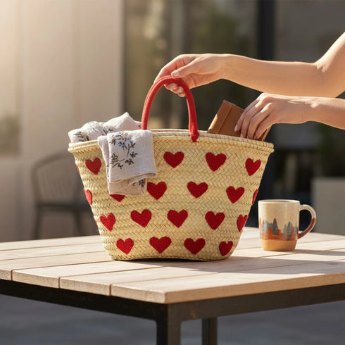 Handwoven Moroccan Straw Basket with Embroidered Hearts – Eco Friendly Straw Tote
