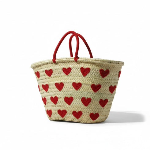 Handwoven Moroccan Straw Basket with Embroidered Hearts – Eco Friendly Straw Tote