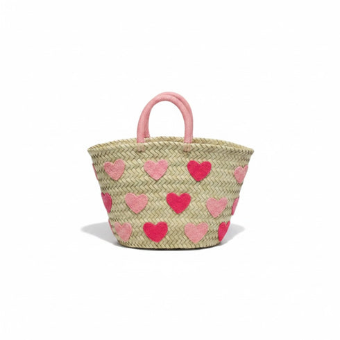 Handwoven Moroccan Straw Basket with Embroidered Hearts – Eco Friendly Straw Tote