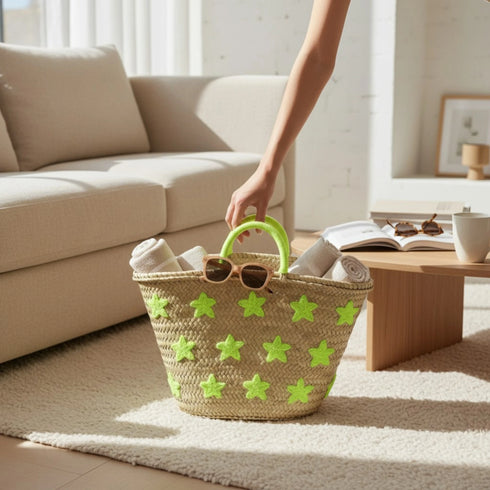 Large handwoven Moroccan straw basket with embroidered stars