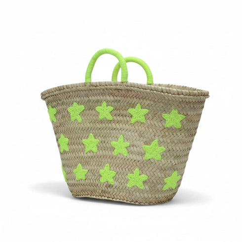 Large handwoven Moroccan straw basket with embroidered stars