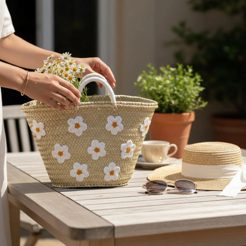 Large handwoven Moroccan straw basket with white embroidered flowers