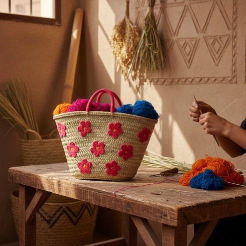 Large handwoven Moroccan straw basket with embroidered flowers