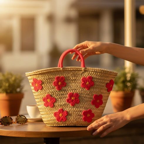 Large handwoven Moroccan straw basket with embroidered flowers