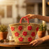 Large handwoven Moroccan straw basket with embroidered flowers