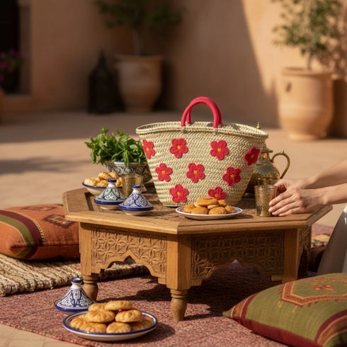 Large handwoven Moroccan straw basket with embroidered flowers