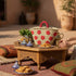 Large handwoven Moroccan straw basket with embroidered flowers