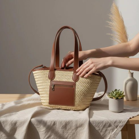 Large handwoven Moroccan straw basket with leather pocket