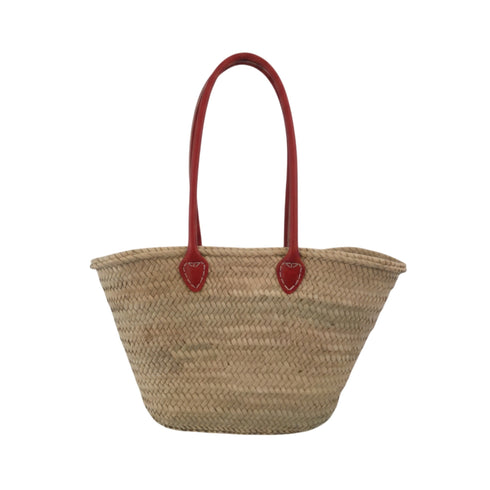 Handwoven Moroccan straw basket with simple leather handles