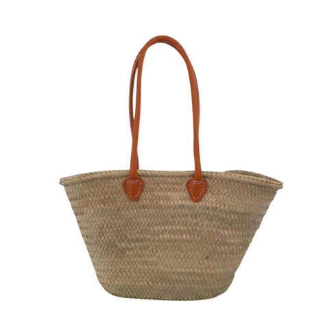 Handwoven Moroccan straw basket with simple leather handles
