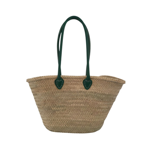 Handwoven Moroccan straw basket with simple leather handles