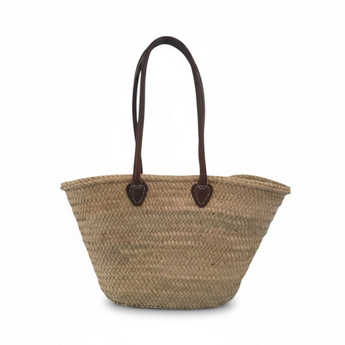 Handwoven Moroccan straw basket with simple leather handles