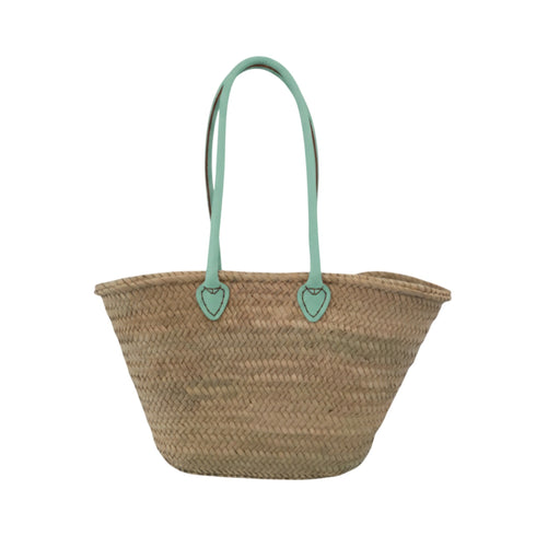 Handwoven Moroccan straw basket with simple leather handles