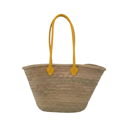 Handwoven Moroccan straw basket with simple leather handles