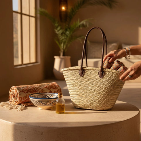 Handwoven Moroccan straw basket with simple leather handles