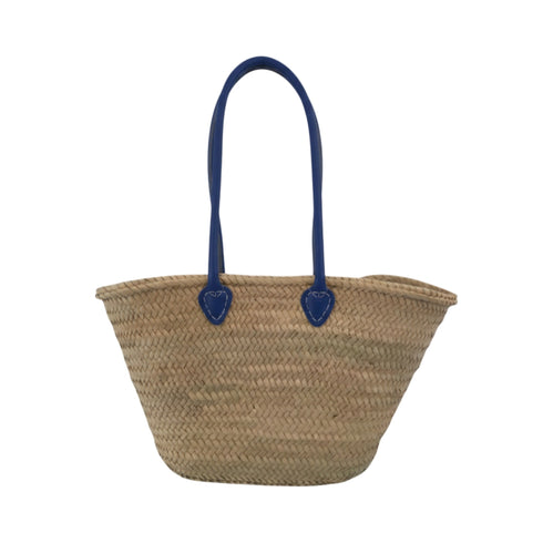 Handwoven Moroccan straw basket with simple leather handles