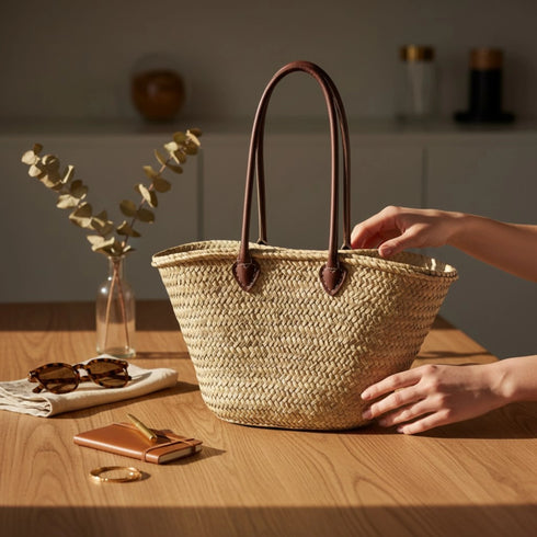 Handwoven Moroccan straw basket with simple leather handles