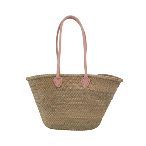 Handwoven Moroccan straw basket with simple leather handles