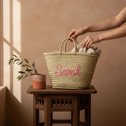 Handwoven personalized name Moroccan straw basket