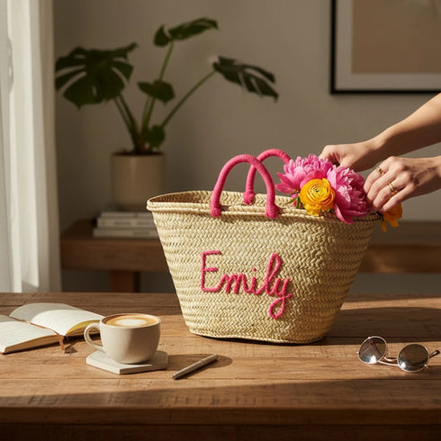 Handwoven personalized name Moroccan straw basket