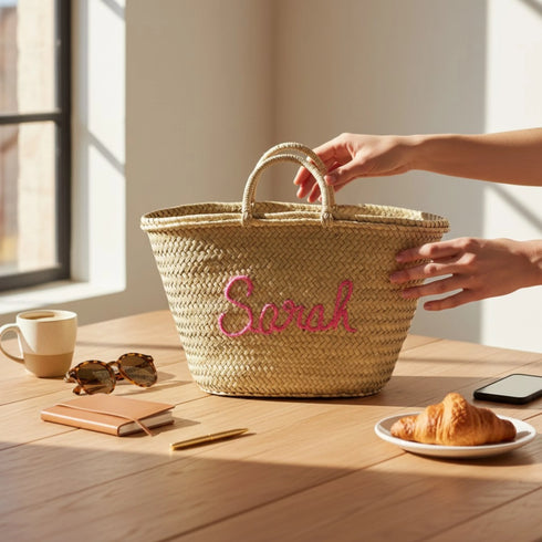 Handwoven personalized name Moroccan straw basket