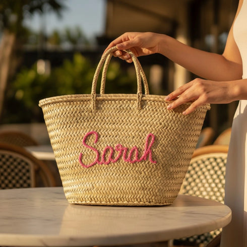 Handwoven personalized name Moroccan straw basket