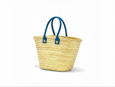 Large Handmade Moroccan Straw Basket with Personalized Leather Handles