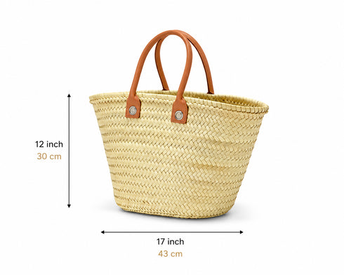 Large Handmade Moroccan Straw Basket with Personalized Leather Handles