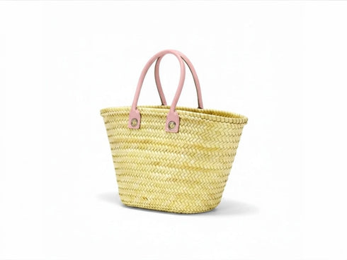 Large Handmade Moroccan Straw Basket with Personalized Leather Handles