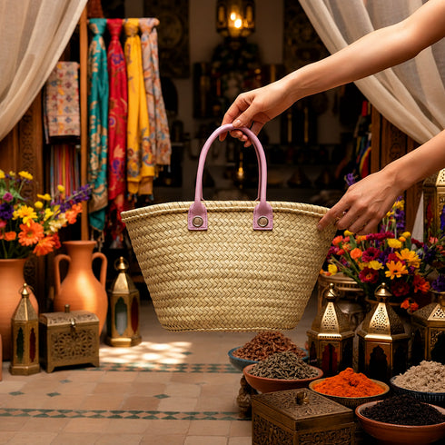 Large Handmade Moroccan Straw Basket with Personalized Leather Handles