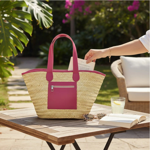 Large handwoven Moroccan straw basket with leather pocket