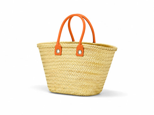 Handmade Moroccan Straw Basket with Personalized Leather Handles