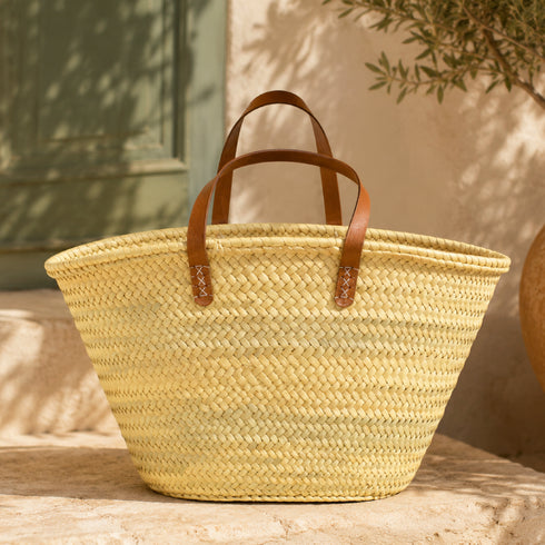 Large Handmade Moroccan Straw Tote Bag with Leather Shoulder Handles