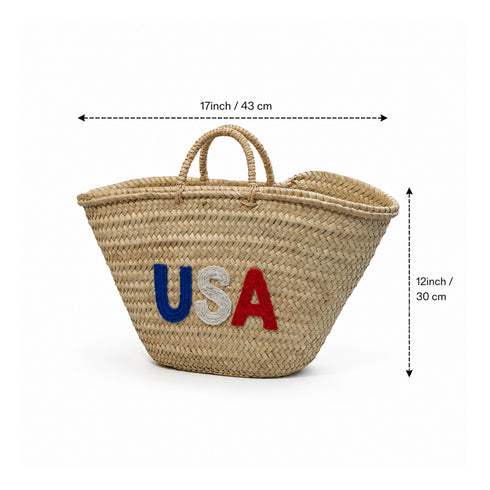 Handwoven Moroccan straw basket with USA embroidery