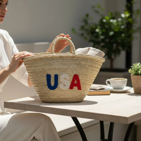 Handwoven Moroccan straw basket with USA embroidery