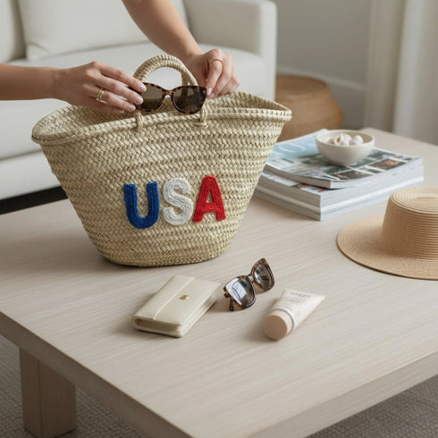 Handwoven Moroccan straw basket with USA embroidery