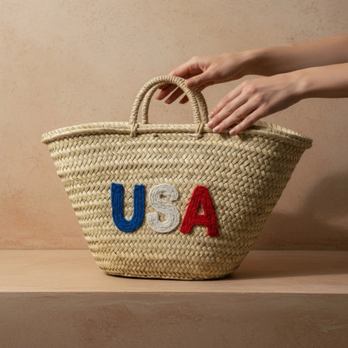Handwoven Moroccan straw basket with USA embroidery