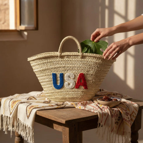 Handwoven Moroccan straw basket with USA embroidery