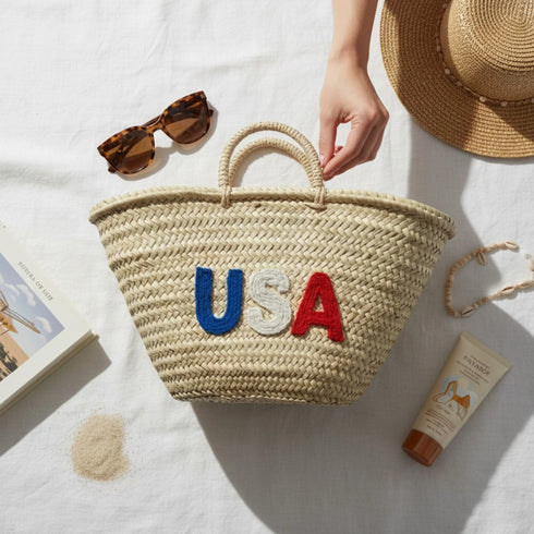 Handwoven Moroccan straw basket with USA embroidery