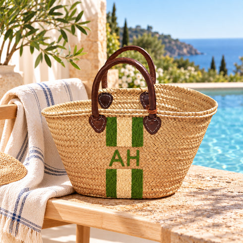 Personalized Straw Basket Bag, Custom Monogram Beach Tote, Handmade Moroccan Woven Market Bag, Embroidered Basket