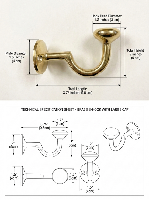Handmade brass S hook with large cap for bathroom and home decor