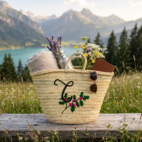 Handwoven Moroccan Straw Basket with Embroidered Flowers