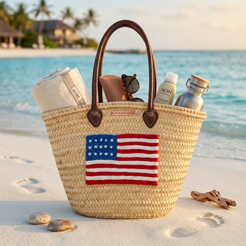 Handwoven Moroccan Straw Tote Bag with USA Flag and Leather Handles
