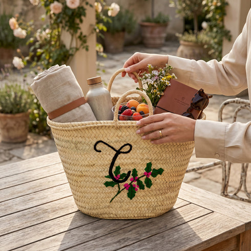 Handwoven Moroccan Straw Basket with Embroidered Flowers