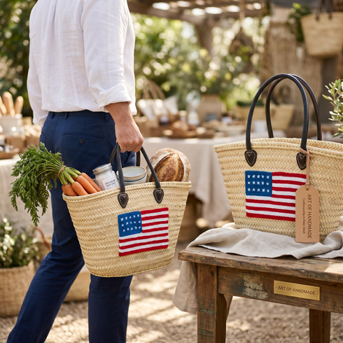Handwoven Moroccan Straw Tote Bag with USA Flag and Leather Handles