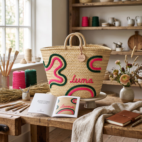 Handwoven Moroccan Palm Leaf Basket with Pink & Green Embroidery