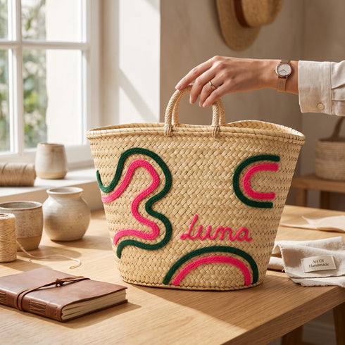 Handwoven Moroccan Palm Leaf Basket with Pink & Green Embroidery