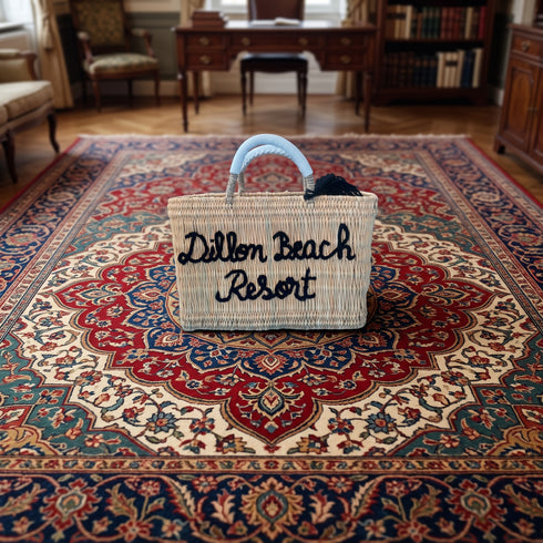 Handcrafted Straw Beach Bag with Black Handles and Stylish “Summer Beach” Design